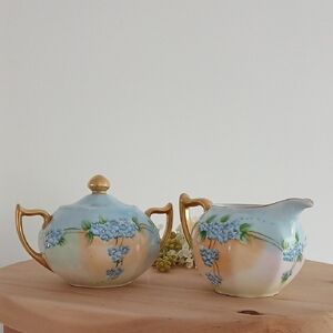 Vintage Blue Floral Forget-me-not Lidded Sugar Creamer Set Gold Gilt Bavaria